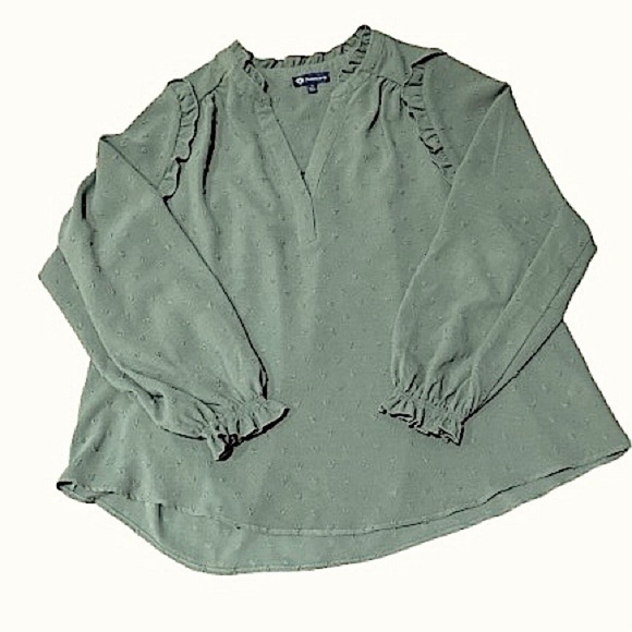 👚🌿 DEMOCRACY Swiss Dot Sage Blouse | Ruffle Sleeve 1X Cottagecore Boho - Picture 1 of 3